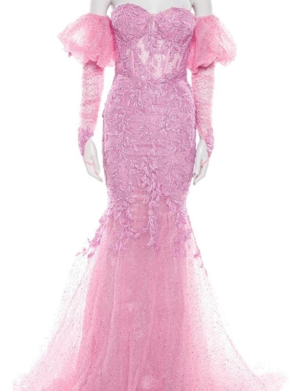 Portia and scarlet pink lace glitter mermaid style prom / ball dress with gloves